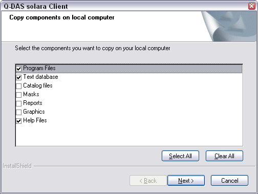 Installation Q-DAS ME 8 37 Tüm bileşenleri seçmek için Select All butonuna basınız. Bileşenler hakkında bilgiler: Program files Eğer bu bileşen etkin ise program dosyaları QDAS_<Ürün ismi>.