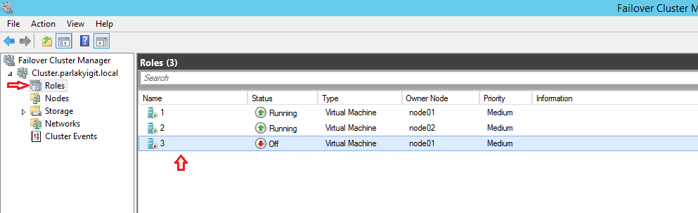 Windows Server 2012 R2 Hyper-V Failover Cluster Kurulum ve Yapılandırma-127 Şuan clsuter yapımız içerisinde sanal makinemizi başarılı bir şekilde oluşturmuş bulunmaktayız.