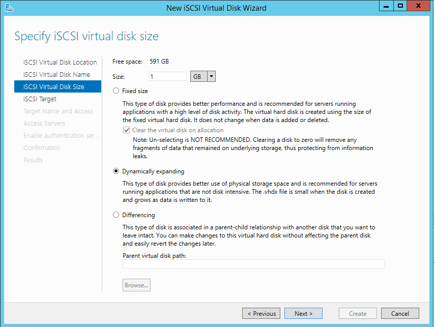 Windows Server 2012 R2 Hyper-V Failover Cluster Kurulum ve Yapılandırma-48 iscsi Virtual Disk Size ekranına geldiğimizde oluşturmuş olduğumuz sanal diskin boyutunu belirlenmemiz ve disk tipini