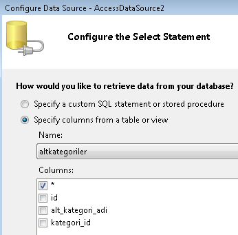 İkinci AccessDataSource2 kontrolümüz veritabanımızdan, DropDownList1 içerisinden seçilen ana kategorinin alt kategorilerini çekecek şekilde ayarlanacaktır.