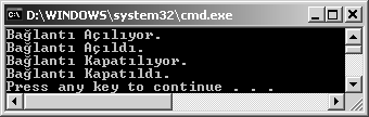//bağlantı açılır. Böylece veritabanı kullanıma hazır hale gelmiş olur. Console.WriteLine("Bağlantı Açılıyor."); baglanti.open(); Console.WriteLine("Bağlantı Açıldı."); System.Threadi