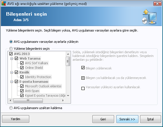 Bu adimda, AVG programini varsayilan ayarlarla yüklemek isteyip istemediginizi de seçebilirsiniz veya özel bilesenleri seçebilirsiniz.