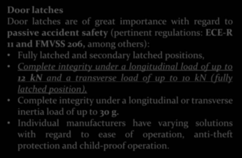 Body Finishing Components Door latches Door latches are of great importance with regard to passive accident safety (pertinent regulations: ECE-R 11 and FMVSS 206, among others): Fully latched and