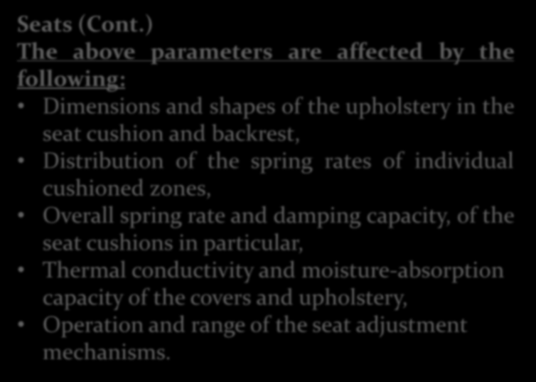 Body Finishing Components Seats (Cont.