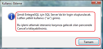 Tamam dediğimiz taktirde (SQL SERVER) de (Login) yani yetkili kullanıcı oluşturma penceresi gelecek