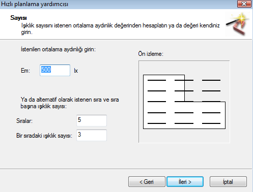 Tutturma yüksekliği, armatürün çalışma düzleminden ne kadar yukarıya ve tavandan ne kadar sarkıtıldığının belirlendiği sayfadır.