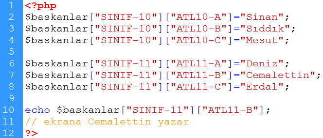 Örnek2:Aşağıdaki tabloyu inceleyelim: BASKANLAR SINIF-10 SINIF-11 ATL10-A ATL10-B ATL10-C ATL11-A ATL11-B ATL11-C Sinan Sıddık Mesut Deniz Cemalettin Erdal Bu tablonun elemanlarını bir dizi şeklinde