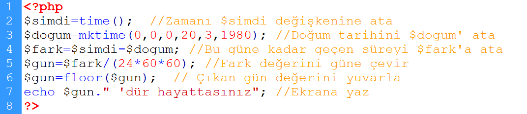 Yarına gitmek için Düne Gitmek için mktime ($saat, $dakika, $saniye, $ay, $gun, $yil) Tam olarak belirtilen zamana gitmeyi sağlar. Başka bir ifadeyle belirtilen zamanı unix epoch biçimine dönüştürür.