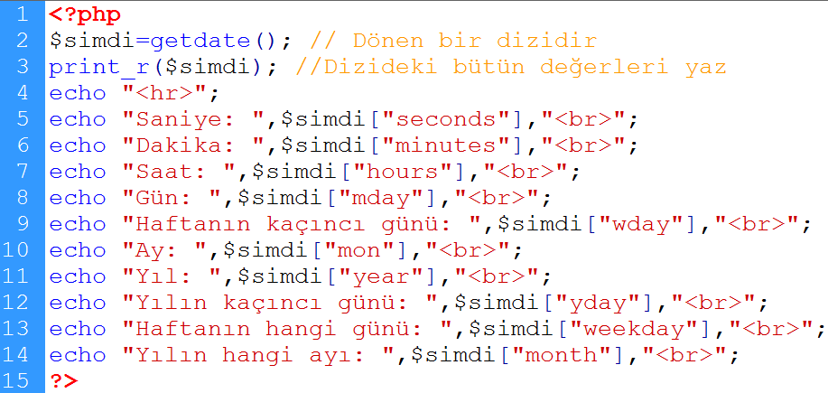 getdate f($zaman) Unix epoch biçiminde verilen zamanın bilgisini bir dizi şeklinde gönderir. Zaman verilmezse şimdiki zaman bilgisini bir dizi olarak gönderir.