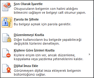 6.1.3 Belgedeki şifreyi kaldırma Belgenizin şifresini kaldırmak da mümkündür. Bu işlem için: 1. Dosya sekmesinden Bilgi seçeneğine tıklayın. 2.