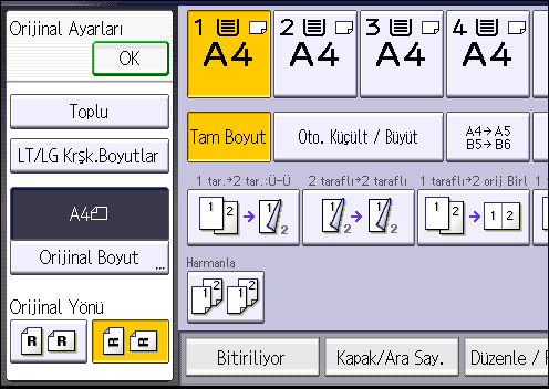 Birleştirerek Kopyalama 2 Taraflı 4 Sayfa 2 Tarafı Birleş. İki adet 2 taraflı orijinali, bir tarafta 2 sayfa olacak şekilde bir kağıda kopyalar. 2 Taraflı 8 Sayfa 2 Tarafı Birleş.