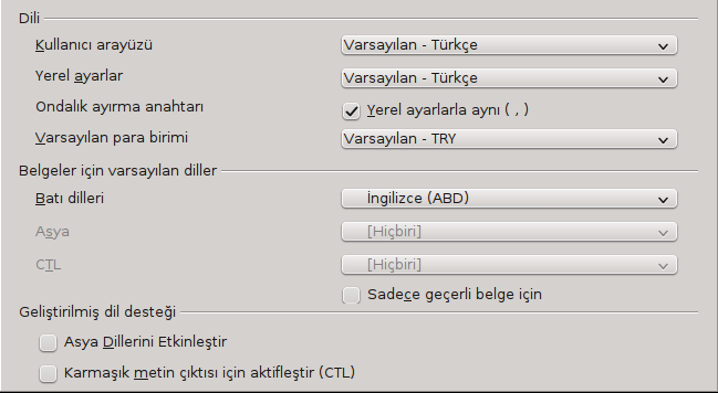 Dil Ayarları Diller sayfasında gerektiğinde Kullanıcı arayüzünü, Yerel ayarları, Varsayılan para birimini ve Belgeler için varsayılan dilleri değiştirin.