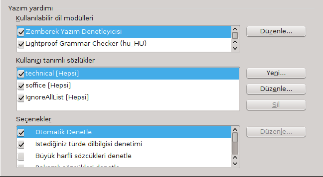 Şekil 25: Dilleri, sözlükleri ve imla denetimi için seçenekleri seçmek.