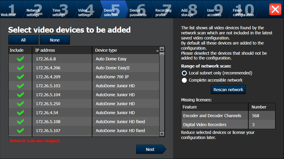 48 tr Başlangıç Bosch Video Management System Select video devices to be added sayfası Bu sayfa, sisteme eklenmiş olan tüm ağ cihazlarını görüntüler.