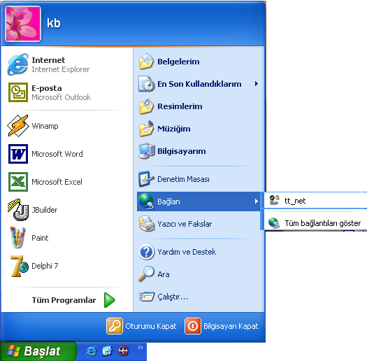 2.5.4. Yazıcı ve Fakslar Yazıcı ve fakslar seçeneği ile sisteme tanıtılmıģ olan yazıcı ve fakslar görüntülenir. Bu seçenek denetim masası içerisinde de yer alır (ġekil 22). 2.5.5. Bağlan ġekil 22 Yazıcı ve Fakslar Seçeneği Burada Windows XP de önceden oluģturulmuģ bağlantı isimlerini görebiliriz.