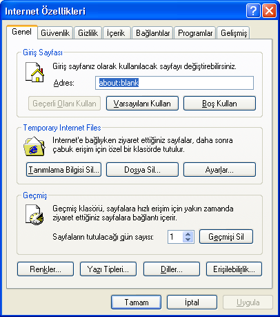 ġekil 62 Ġnternet özellikleri 2.6.10. Klasör seçenekleri Windows un temel yapıtaģlarından olan dosya ve klasörlere ait ayarlar bulunur.