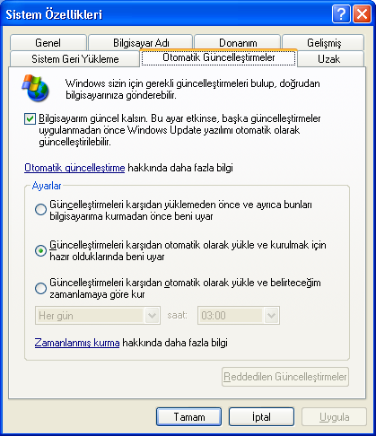 ġekil 78 Sistem Özellikleri Otomatik GüncelleĢtirmeler Sekmesi Uzak : Uzak masaüstü bağlantısı Windows XP ile gelen yen bir özelliktir.