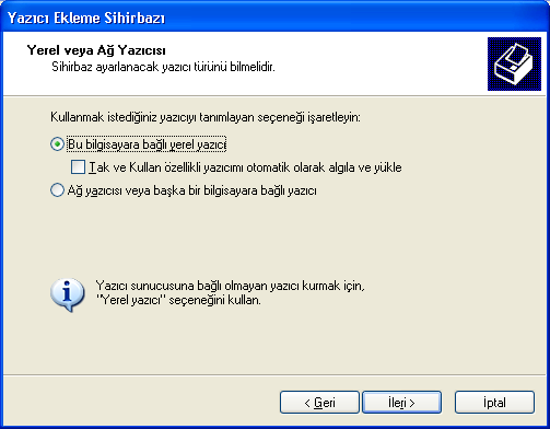 Örnek bir yazıcı kurulumunu görelim. Ġlk olarak yazıcı ekle seçeneği ile yazıcı ekleme sihirbazı çalıģtırılır (ġekil 87).