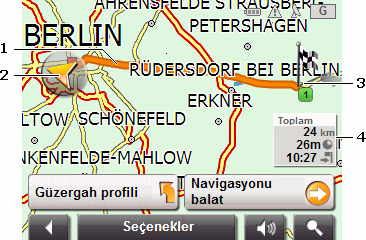 1 Hedef küçük bir bayrak ile işaretlenmiştir. Eğer planlanmış veya yüklenmiş bir güzergahı görüntülüyorsanız, başlangıç noktası ve her bir güzergah noktası bir bayrak simgesiyle işaretlidir.