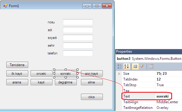 Label, button objelerin özelliklerden ismini değiştiririz. Butonlara tek tek tıklanarak kodlama yapılır. using System; using System.Collections.Generic; using System.ComponentModel; using System.