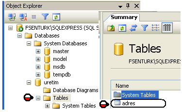 Table oluşturma -Table oluşturmak istediğimiz Database in (Uretim gibi) altında bulunan Tables a tıklarız. Daha sonra sağ mouse ile New Table seçeriz.