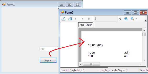 Form2 sayfasını secer, çift tıklar ve aşagıdaki kodlamayı yaparız. CrystalReport1 rapor = new CrystalReport1(); CrystalDecisions.Shared.ParameterValues parametre = new CrystalDecisions.Shared.ParameterValues(); CrystalDecisions.