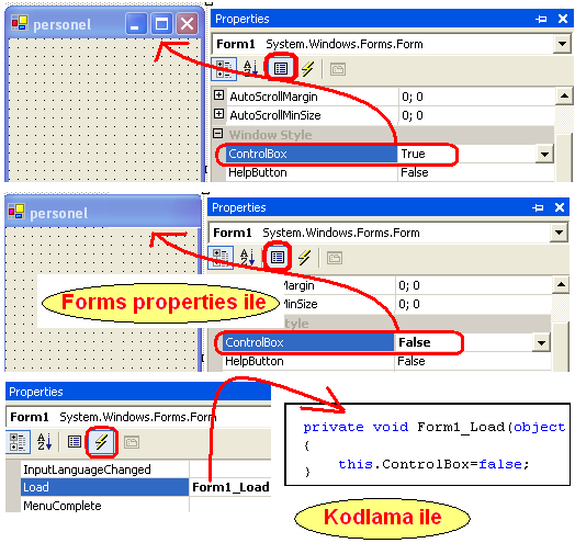 Form özelliklerini değiştirme Forms a ait özellikleri properties