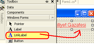 Web Sayfasına Bağlantı Toolbox dan linklabel tıklanır. Text ten ismi değiştirilir. ( milliyet gazatesi ) Linklabel ın font u, Linkcolor ı properties lerden değiştirilir.