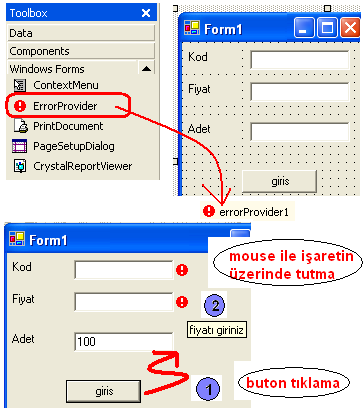 Hata kontrol Mesajı ( errorprovider ) Değişkenlere istenilen deger girilmedi zaman kırmızı yuvarlak olarak işaretle gösterir. Yuvarlak daire üzerine Mouse ile gelince mesaj verir.