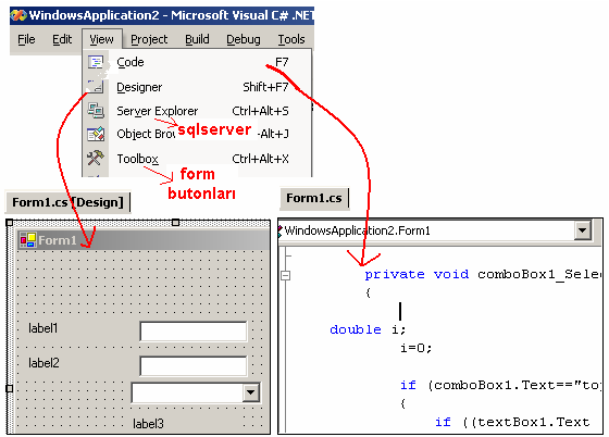 Form, Code,Sqlserver baglantı, form butonları penceresini getirme Yapılmış bir