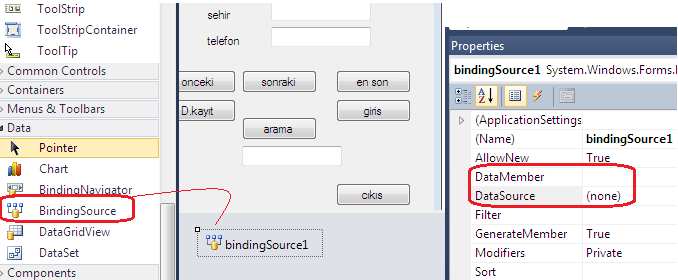 Daha sonra özelliklerden DataSource değerine