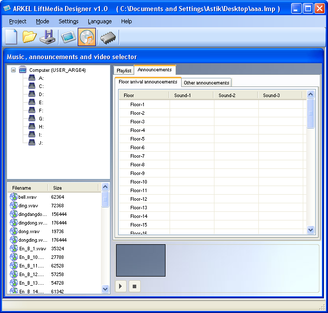 9.2.2. Sound designer 5 1 3 2 4 1- Playlist: You can add music and video files using this tab. 2- Floor arrival announcements: To announce the floor arrivals, any sound can be added to this area.