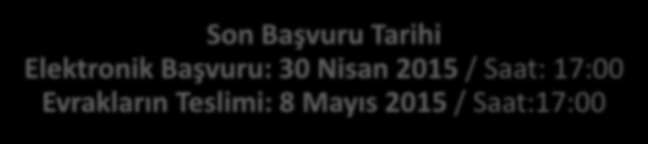 Proje Teklif Çağrısı İlanı (30 Ocak 2015) Bilgilendirme Toplantıları (9 27 Şubat 2015) Proje Hazırlama Eğitimleri (2 13 Mart 2015) Son Başvuru Tarihi Elektronik Başvuru: 30 Nisan 2015 / Saat: 17:00