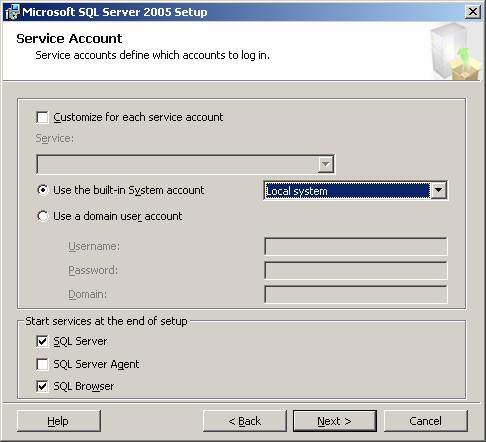 Next tuşuna basıldığında SQL Server 2005 service account bölümüne geçilir.