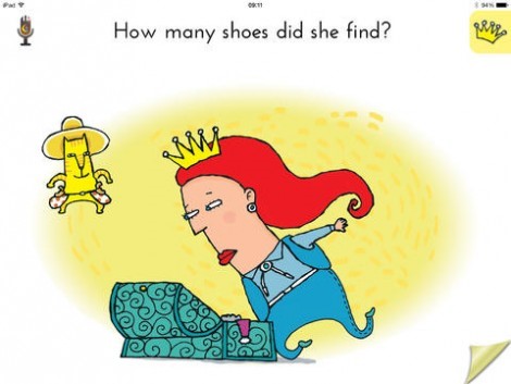 Cinderella dressed in red went downstairs and bumped her head. How many bumps did she get? Cinderella dressed in blue went downstairs to find her shoe.