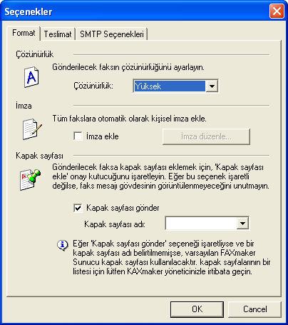 Ekran 5 - FAKS biçim seçenekleri Format sekmesi Çözünürlük: Faksı hangi çözünürlükte göndermek istediğinizi seçin. İmza: Tüm fakslara ekleyeceğiniz bir imza seçin.