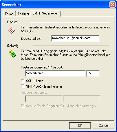 Ekran 7 - SMTP seçenekleri SMTP seçenekleri sekmesi E-posta adresi: Faks mesajlarının teslimat raporlarının iletileceği e-posta adresini belirleyin.