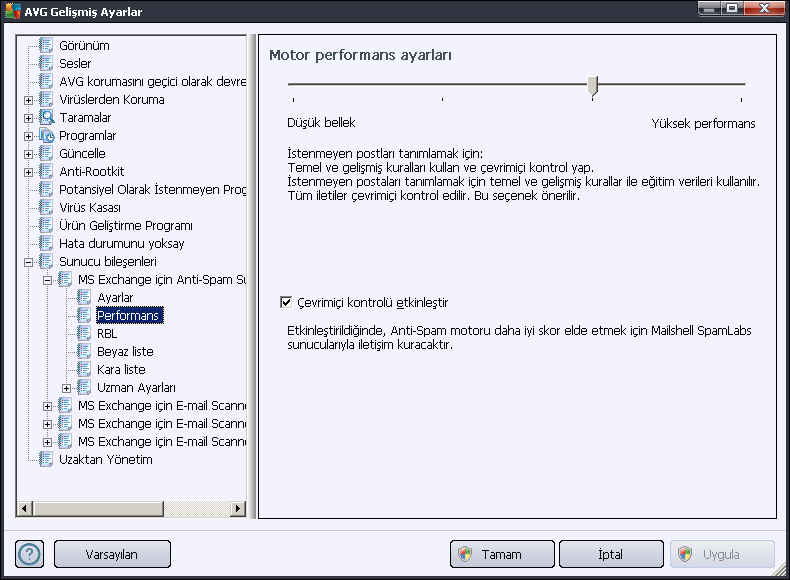 7.4. Performans Motor performans ayarları iletişim kutusu, (solda bulunan dolaşım alanında Performans öğesi altında bağlantısı verilen) Anti-Spam bileşeninin performans ayarlarının yapılmasını sağlar.