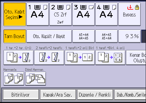 3. Fotokopi 1. Zarfları bypass tepsisine yüzü aşağı bakacak şekilde yerleştirin. Bypass tepsisi ( ) otomatik olarak seçilir. 2. [ ] tuşuna basın. 3. [Kağıt Boyutu] seçeneğine basın. 4.