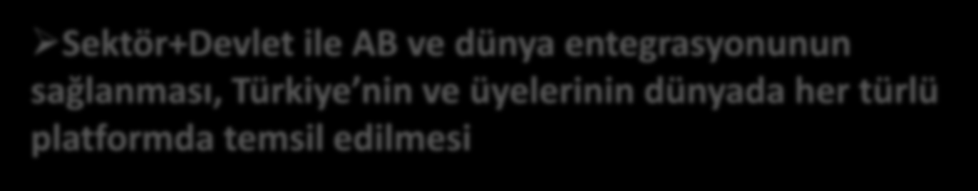 ile ilgili tüm sorunları, problemleri,çözüm önerileri için ortak güçlü bir platformun meydana gelmesi, Sektör ile Devlet arasında ki diyalogun kurulması,