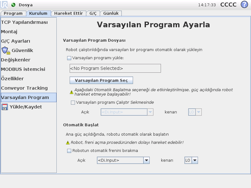 12.14 Kurulum Varsayılan Program Takip Parametreleri Taşıyıcı tipi, doğrusal ile dairesel arasında seçilebilir.