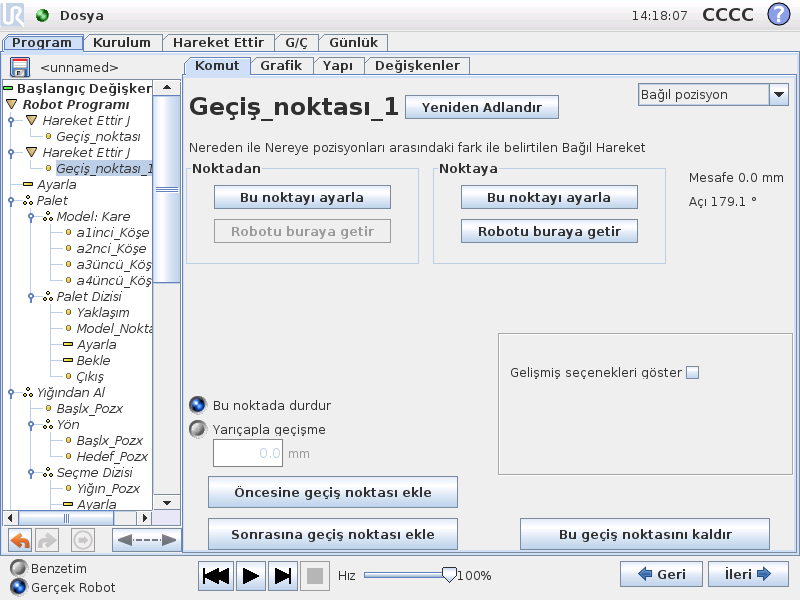 13.7 Komut: Göreli Geçiş Noktası 13.7 Komut: Göreli Geçiş Noktası Pozisyonu, robot kolunun önceki pozisyonuna bağıl olarak verilen bir geçiş noktasıdır ( iki santimetre sola gibi).