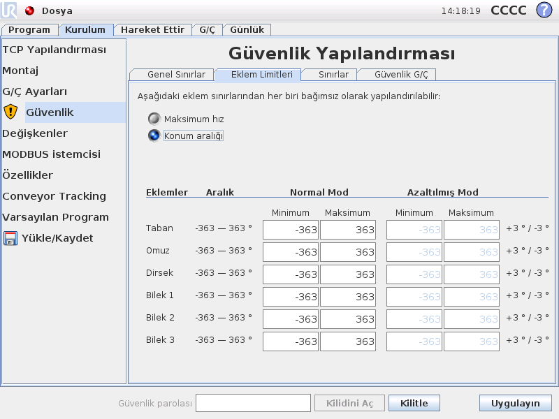 15.10 Eklem Limitleri yapılır. Sınırların her biri için kabul edilen en yüksek değer, Maksimum adındaki sütunda sıralanmıştır.