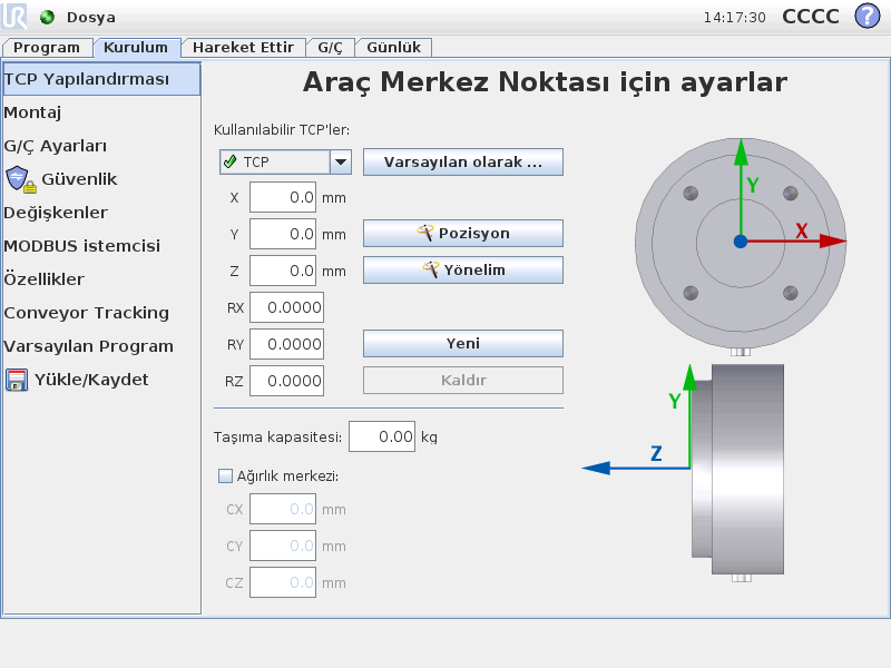 12.6 Kurulum TCP Yapılandırması 12.6 Kurulum TCP Yapılandırması Bir Araç Merkez Noktası (TCP), robotun aracı üzerinde karakteristik bir noktadır.