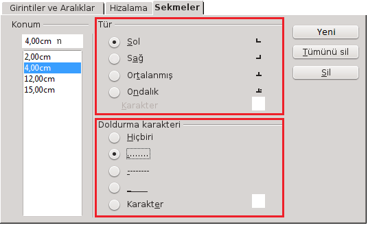 Resim 40: Sekme durakları Şekilde gördüğünüz gibi listeyi Metin butonunda sekmeleri kullanarak hazırlayalım. Listemizde 2, 4, 12 ve 15 de sekme durakları kullanıldığı görülmektedir.