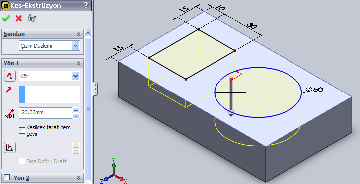 Resim 1.7: Parça yüzeyine çizim Komutun uygulama aşaması: Katı modeli 3 boyutlu olarak görmek için İzometrik görünüm seçilir.