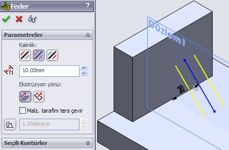 2.1.4. Modellere Destek Oluşturma Komut Menü Araç çubuğu Feder Ekle / Unsurlar / Feder Unsurlar / Feder Katı modele ince duvarlı destek ekler. Destek eklenecek konumda bir düzlem olması gerekir.