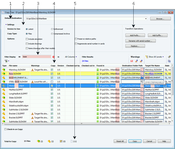 SOLIDWORKS Enterprise PDM Kopya Ağacı iletişim kutusunda: 1. Varsayılan Hedef seçilen dosyanın mevcut klasör konumunu gösterir.