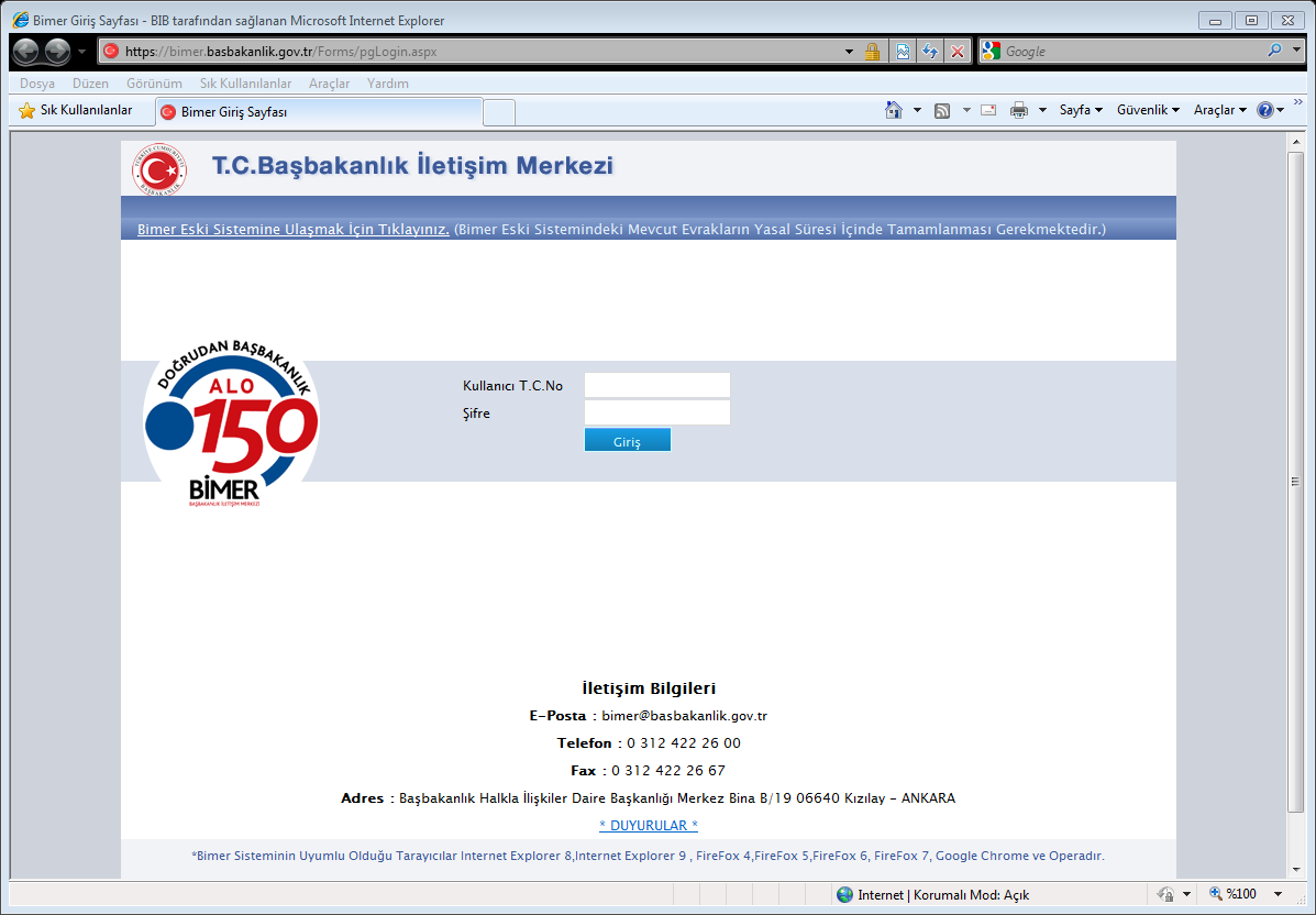 SİSTEME GİRİŞ İÇİN internet erişim ADRESİ: https://bimer.basbakanlik.gov.