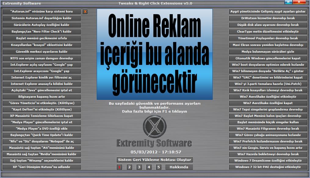 Programın girişinde görüntülenen 1. Sayfası Bu sayfada da takip eden 3 sayfada olduğu gibi Sistem geri yükleme noktası oluştur butonu bulunmaktadır.